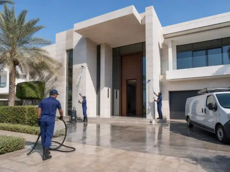 تنظيف الواجهات الخارجية والحجر لفيلا مودرن في دبي بواسطة فريق شركة تنظيف فلل بعد التشطيب دبي.