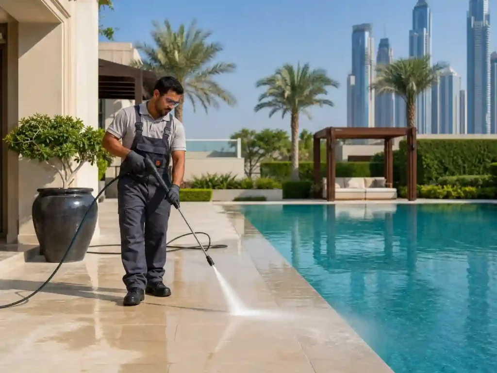استخدام تقنية ضغط المياه العالي لتنظيف المسابح والمساحات الخارجية من قبل شركة تنظيف فلل بعد التشطيب دبي.