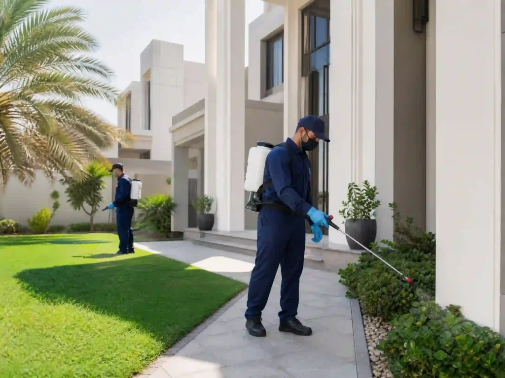 فريق عمل محترف يقوم بعملية رش مبيدات الشارقة في فيلا سكنية حديثة